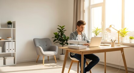 Fototapeta premium Man working at desk with laptop in bright home office setting next to window with sunlight. Interior includes chair plants and office supplies.