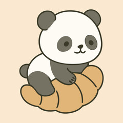 Cute Panda Sitting on Croissant – Kawaii Food Animal Vector for Bakery and Kids Designs
