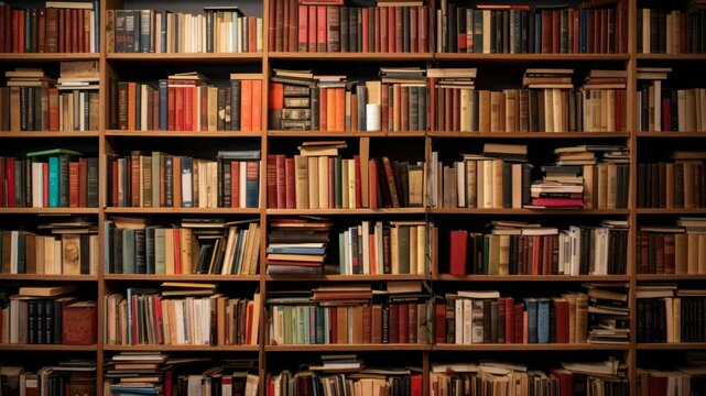 A video-style image of a library bookshelf filled with colorful books, captured from a straight-on angle, showcasing a cozy and intellectual atmosphere. Live desktop wallpaper.
