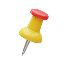 Yellow push pin with a red head and metal needle point. Office supply for bulletin boards.