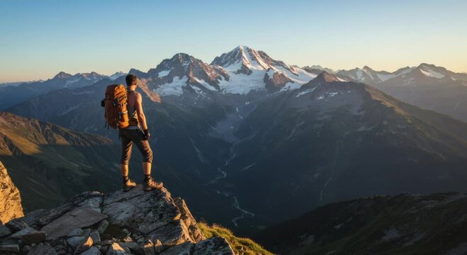 Man hiking mountain peak adventure travel backpacking scenic landscape view outdoors destination journey