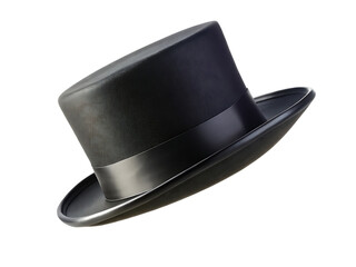 Classic black top hat with satin band tilted and floating isolated on a transparent background headwear