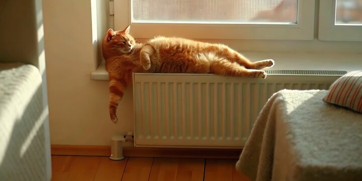 Orange tabby cat lounging comfortably on a radiator near a window in a bright room