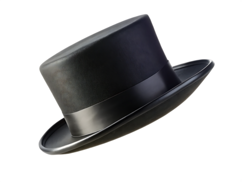 Classic black top hat with satin band tilted and floating isolated on a transparent background headwear