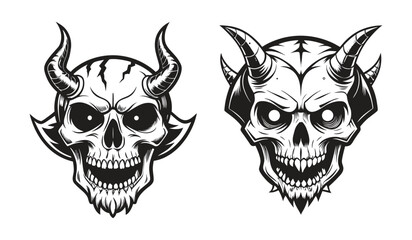 Dark Skull with Short Horns and Menacing Sharp Teeth in Black Silhouette for Unique Designs and Decor