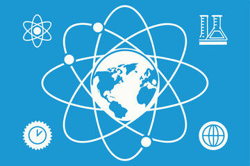 Globe encircled by atom rings and science icons on blue background
