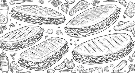 Hand drawn seamless pattern with sandwiches. Sketch panini with vegetables and herbs.