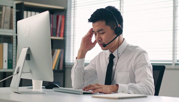 A stressed young Asian man wearing a headset holds his head while working on a computer at his office desk. This image captures the difficulties and exhaustion faced by customer service or IT support