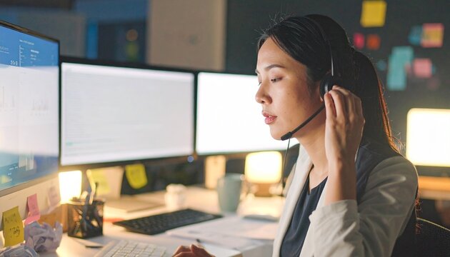 Busy Asian woman wears a headset, working late into the night at a desk with multiple computer monitors in a dimly lit office. Focused on online support, customer service, or remote work tasks, repres