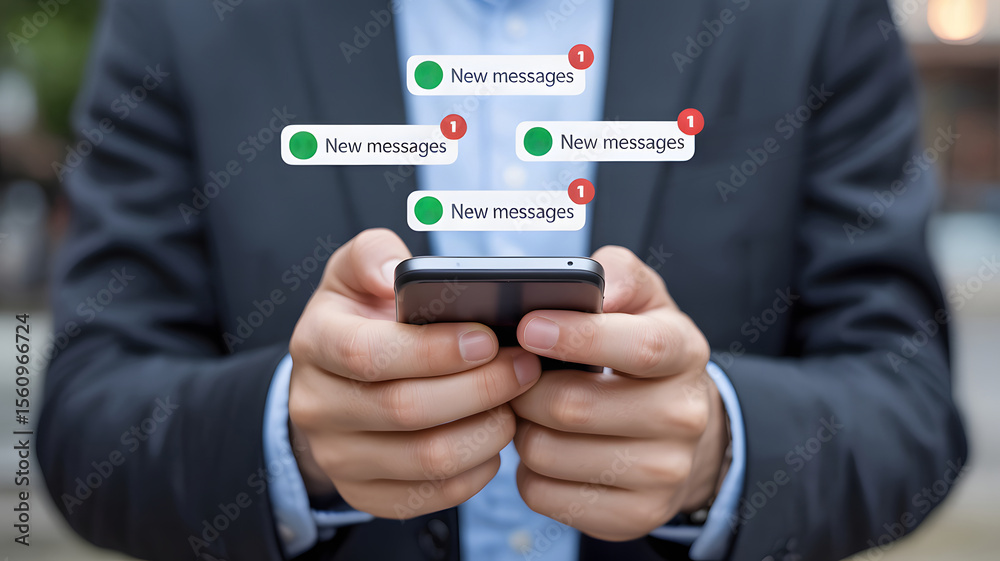 Wall mural businessman checks smartphone with multiple new messages notifications, conveying modern communicati