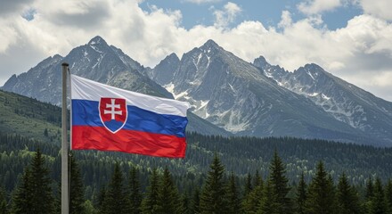 Slovakian Flag Waving Majestically Against Snowy Mountain Peaks