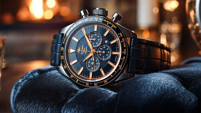 Luxury IWC Schaffhausen Chronograph Watch,  Elegantly Displayed on Dark Fabric Near Fireplace