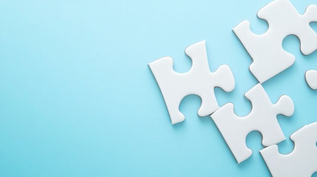  White puzzle pieces matching together againt light blue background