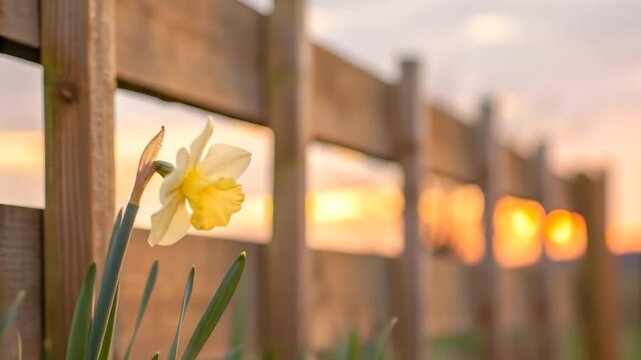 A daffodil in bloom against a wooden fence at sunset with a blurred background
