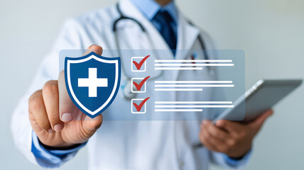 Doctor interacting with a digital display showing health insurance, checklist and health record, illustrating healthcare and medical technology.