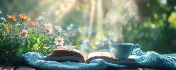 Enjoying a quiet morning with a steaming cup of coffee and an open book in a beautiful garden setting	