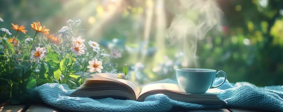 Enjoying a quiet morning with a steaming cup of coffee and an open book in a beautiful garden setting	