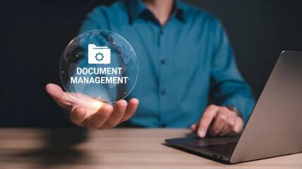 An individual showcasing a digital document management system within a transparent sphere, highlighting data organization and automation tools.