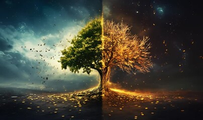 Half vibrant, half ablaze, a single tree embodies the duality of nature, showcasing life and decay in a striking contrast