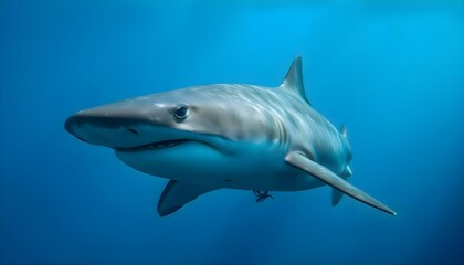 Fototapeta premium Shark swimming through deep blue ocean water captured underwater, showing motion, fins, and powerful body in a marine setting