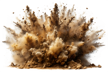 Dynamic explosion of brown dirt and dust clouds with debris scattered across a black background isolated on a transparent background