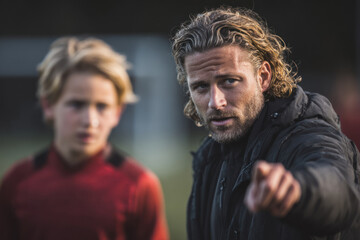 Experienced coach giving tactical instruction to young player on training ground with natural lighting and focused expression.