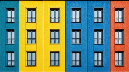 Fototapeta premium Colorful apartment building facade with repeating windows.