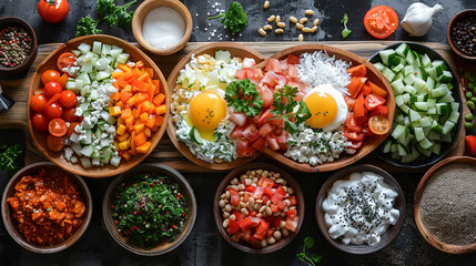 Fototapeta premium Colorful, healthy breakfast bowls with fresh ingredients arranged on a wooden board.