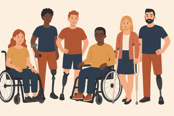 Diverse people with disabilities using wheelchairs, prosthetics, crutches in empowering inclusive vector illustration