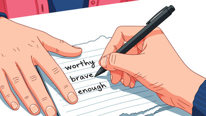 Illustration of a person writing affirmations for self-esteem and positivity on paper
