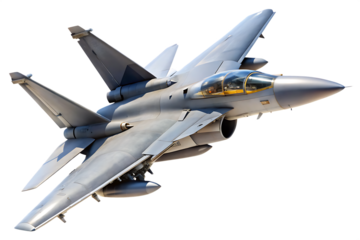 Gray fighter jet plane with swept wings and a glass cockpit tilted slightly to the right isolated on a transparent background