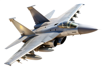 Gray fighter jet plane with missiles tilted slightly to the right isolated on a transparent background