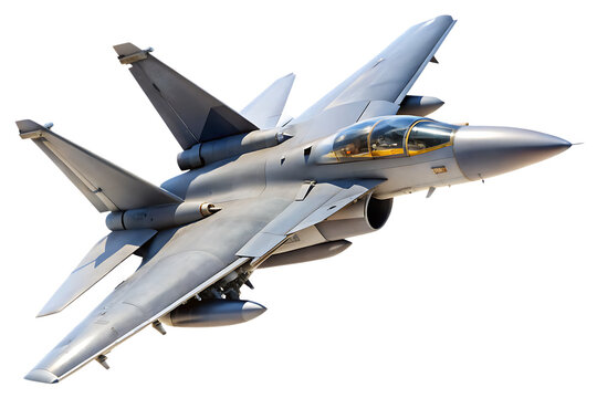 Gray fighter jet plane with swept wings and a glass cockpit tilted slightly to the right isolated on a transparent background