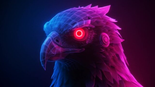 Digital bird head design with geometric wireframe and neon lighting