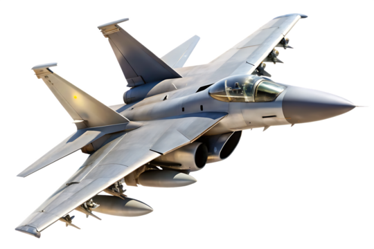 Gray fighter jet plane with missiles tilted slightly to the right isolated on a transparent background