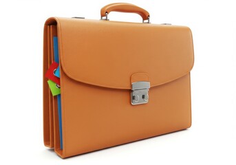 Orange leather briefcase isolated on white background