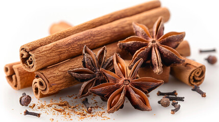 Close-up of cinnamon sticks and star anise, spice collection on white background.