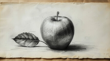Detailed pencil sketch of an apple and leaf on aged paper.