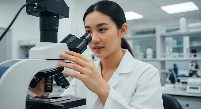 Focused Scientist Using a Microscope in a Modern Lab