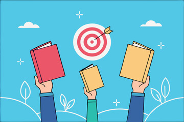 Hands Holding Books Up with Target and Arrow Illustration