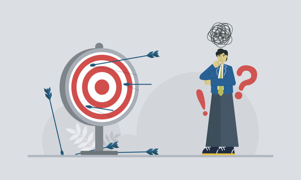 Man try to shoot the target. wrong target, audience, & goal. feel confused, asked, and distress. try to reach the target on business. never give up.