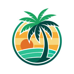 Stylized palm tree silhouette against a sunset over the ocean waves