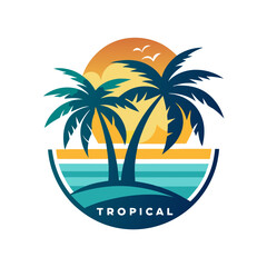 Stylized tropical sunset scene with palm trees and ocean waves