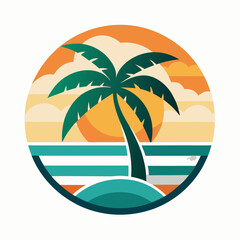 Obraz premium Stylized tropical sunset with palm tree over calm ocean waves