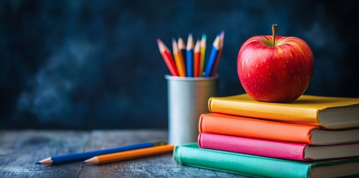 A Stack of Books with a Red Apple and Colored Pencils on a Wooden Desk. - Powered by Adobe