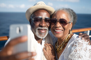 Happy Black senior couple smiling and taking selfie together on sunny cruise vacation day