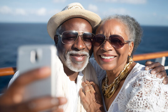 Happy Black senior couple smiling and taking selfie together on sunny cruise vacation day - Powered by Adobe