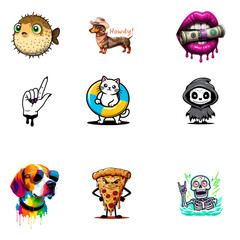 Obraz premium Funny Cartoon Colorful Sticker Set - Fun Design of Creative Animal and Human Characters in PNG Format