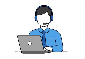 Man with headset using laptop isolated on white background