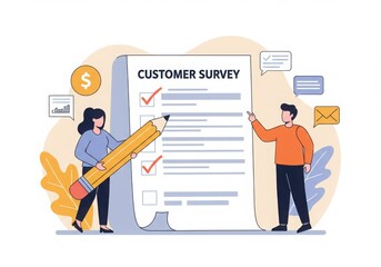 Customer survey with people and pencil isolated on white background